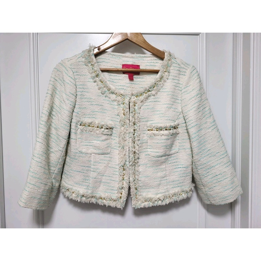 Lilly Pulitzer Ivory Aqua Gold Beaded Fringe Tweed Crop Blazer Sz 8